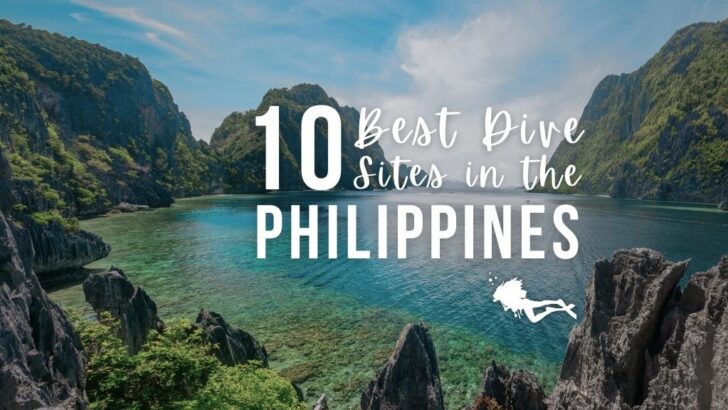 Aerial view of El Nido, Philippines, with vibrant blue lagoon and lush green mountainous land surrounding it. Overlaid white text reads "10 best dive sites in the Philippines".
