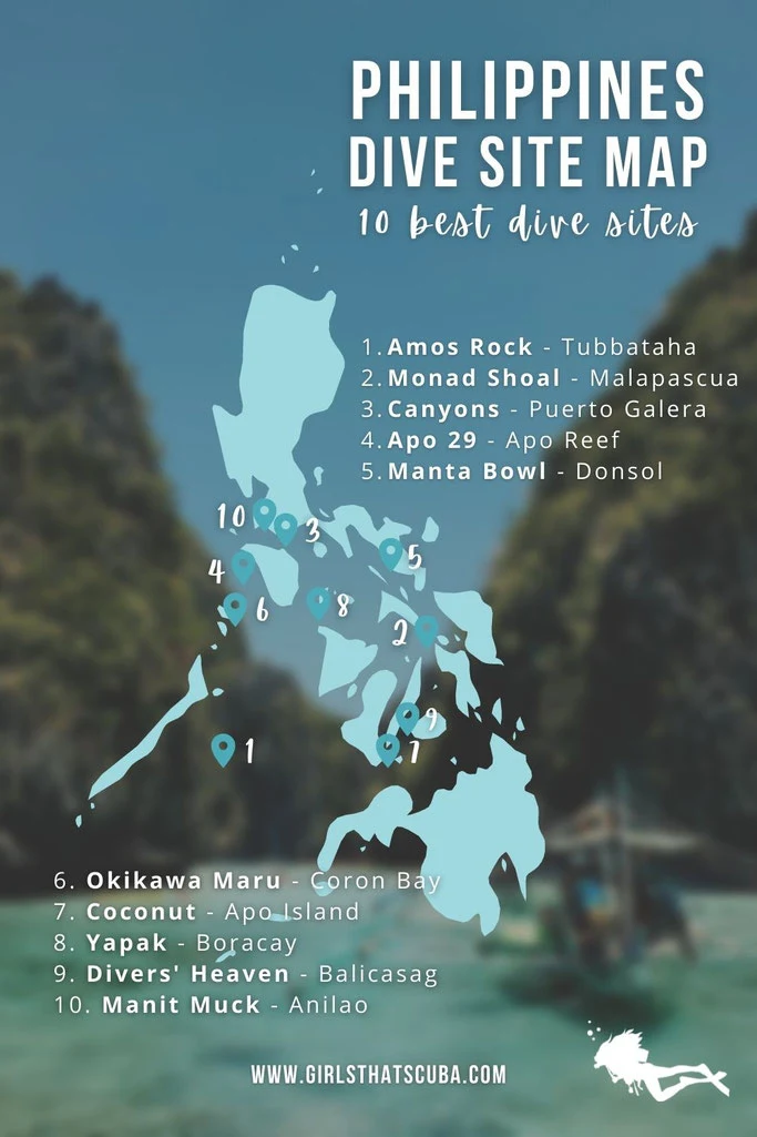 Map showing the 10 best dive sites in the Philippines 