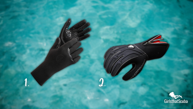 2 pairs of women's scuba diving gloves on a blurred ocean background