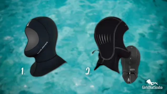 2 women's scuba diving hoods on a blurred ocean background