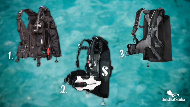 3 women's BCDs on a blurred water background numbered 1-3, explanations of each below