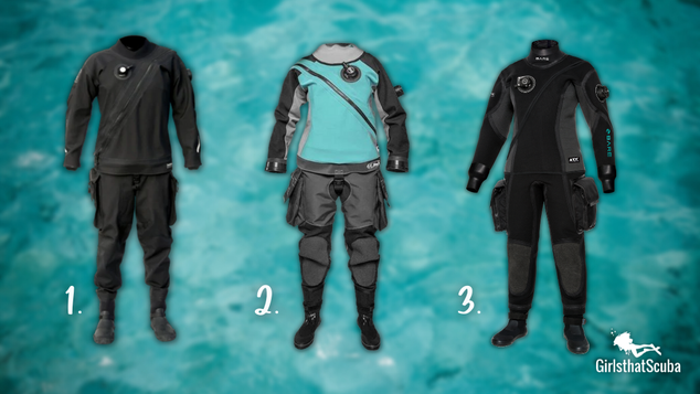 3 women's drysuits on a blurred blue ocean background