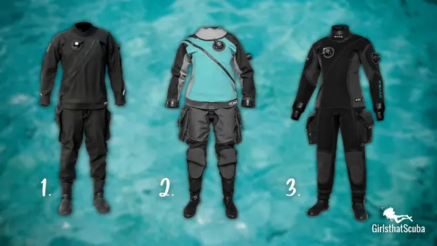 3 women's drysuits on a blurred blue ocean background