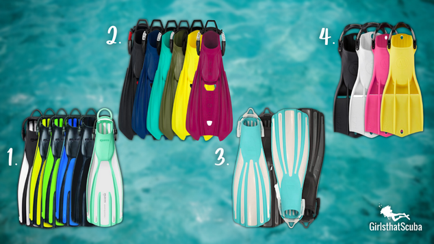 4 styles of scuba diving fins for women on a blurred ocean background