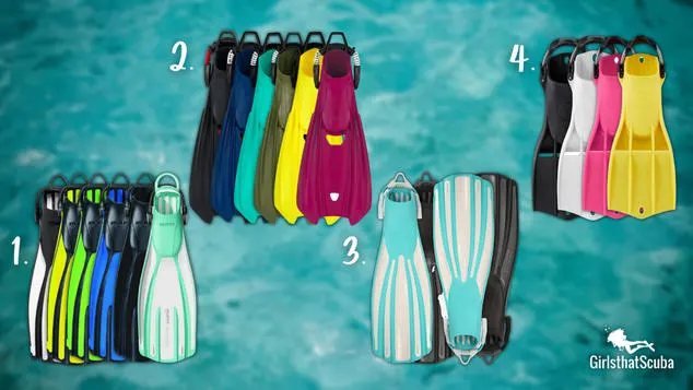 4 styles of scuba diving fins for women on a blurred ocean background