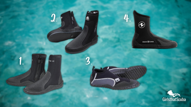 4 women's scuba diving boots for small feet on a blurred ocean background