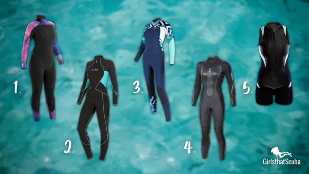 5 women's scuba wetsuits on a blurred blue water background