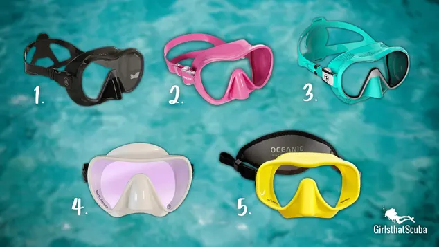 Selection of scuba masks for women on a blurred water background