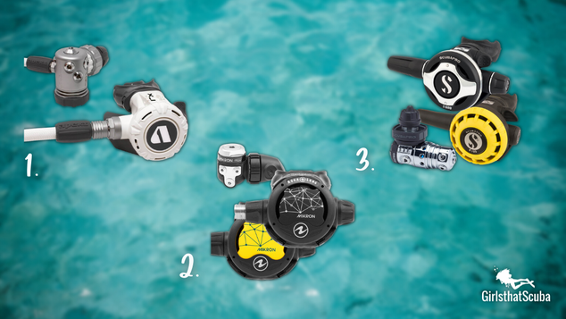 Three scuba regulators for women against a blurred ocean background