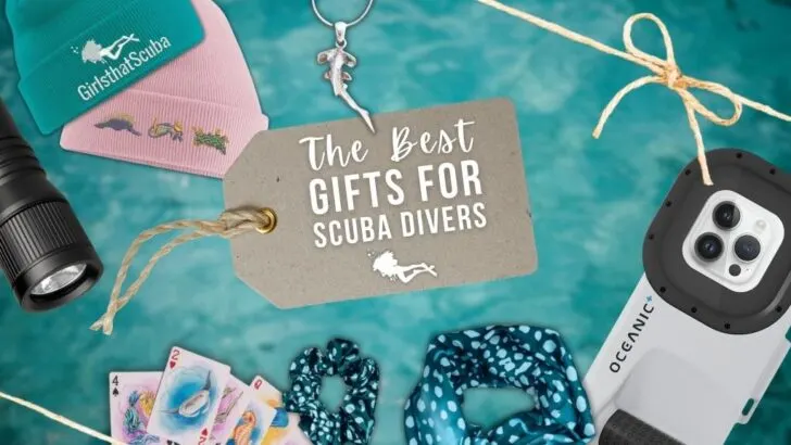 Scuba diving gifts on a blurred blue ocean background