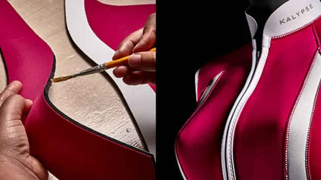 Kalypse custom made wetsuit panels being glued