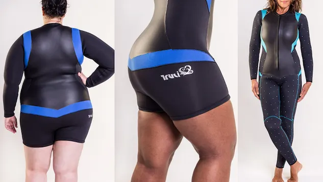 Women wearing black wetsuits in a variety of sizes by Truli