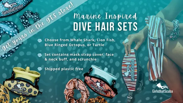 Banner showing product images of Girls that Scuba's dive hair sets, white text reads "Get yours in the GTS store"