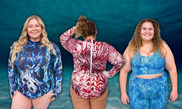 Three plus size women wearing ocean print swimwear on an underwater background