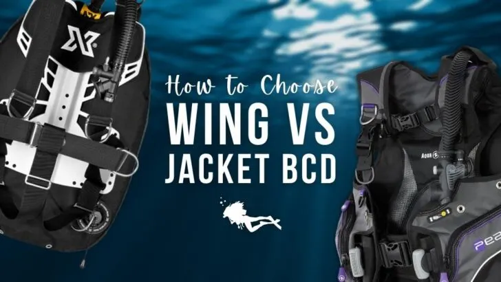 Two black buoyancy control devices for scuba diving on top of a blurred ocean background, overlaid white text reads 