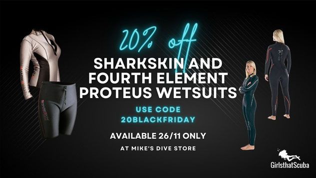 Sharkskin and Fourth Element Wetsuit Black Friday promotion at Mike's Dive Store