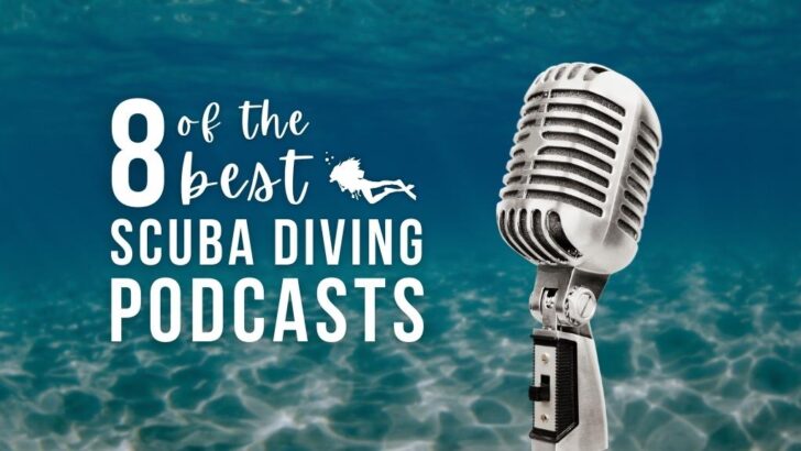 An old fashioned microphone sits over the top of a blurred ocean background. Overlaid white text reads 8 of the best scuba diving podcasts.