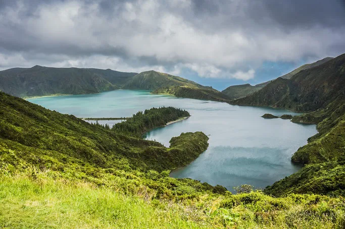 Aerial view of landscape in the Azores