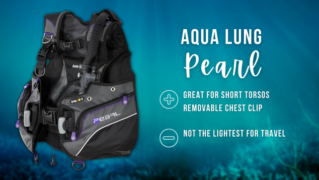 Aqua Lung Pearl BCD on blue blurred ocean background with summary of above text