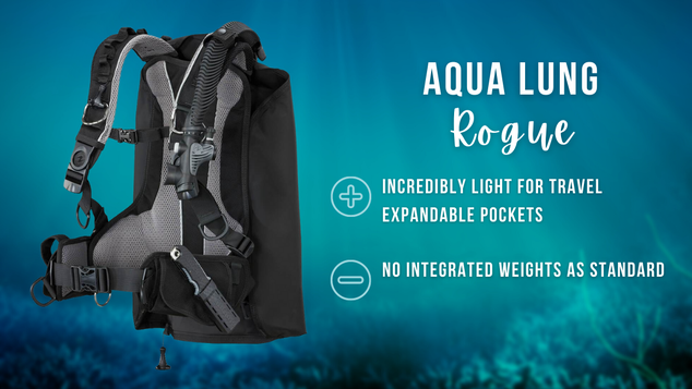Aqua Lung Rogue women's BCD on a blurred ocean background with white text summarising pros and cons