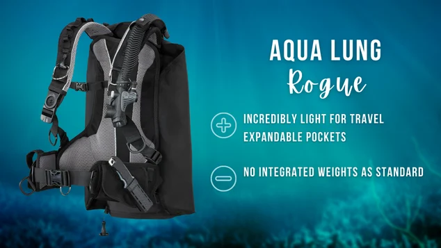 Aqua Lung Rogue women's BCD on a blurred ocean background with white text summarising pros and cons