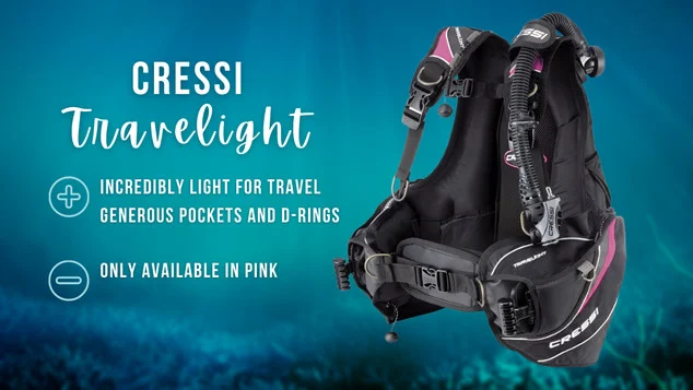 Cressi Travelight black and pink BCD on a blurred ocean background with white text summarising text above