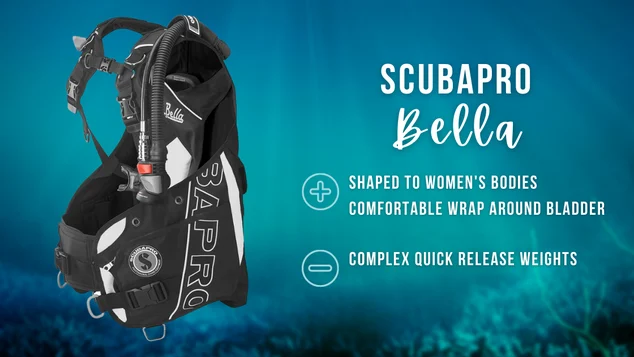 Scubapro Bella women's BCD on a blurred ocean background with white text summarising pros and cons