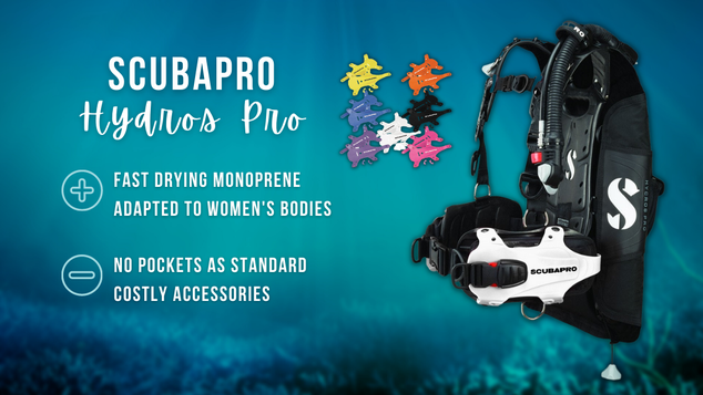 Scubapro Hydros Pro women's BCD on a blurred ocean background with white text summarising pros and cons