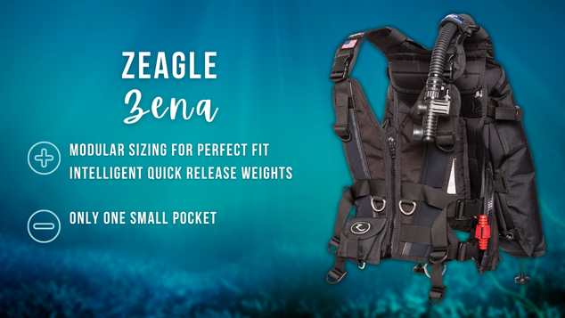 Zeagle Zena women's BCD on a blurred ocean background with white text summarising pros and cons