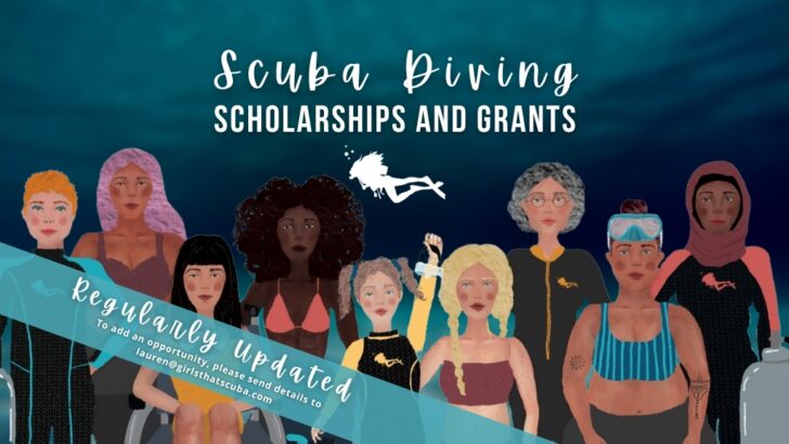 Illustration of a diverse group of women scuba divers, of all ages, races, and sizes. Overlaid white text reads "scuba diving scholarships and grants"
