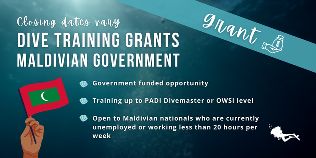 Banner detailing the Maldivian Government Dive Training Grants, details below