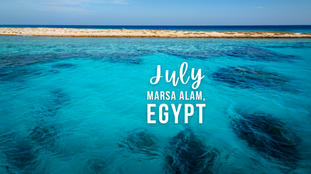 Aerial view of bright blue ocean with corals underwater in Marsa Alam, Egypt