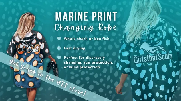 Banner showing product images of Girls that Scuba's changing poncho, white text reads "Get yours in the GTS store"