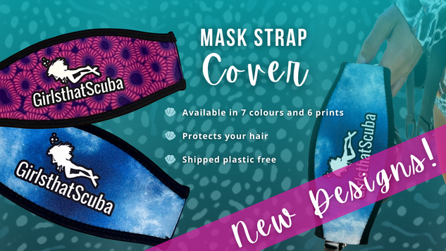 Banner showing product images of Girls that Scuba's mask strap covers, white text reads "New Designs"