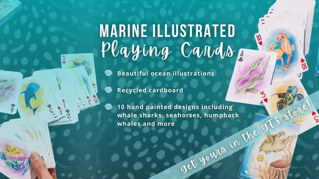 Banner showing product images of Girls that Scuba's Ocean Playing Cards, white text reads Get yours in the GTS store