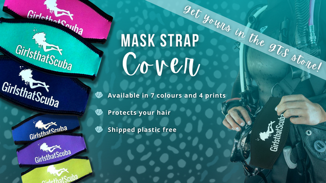 Banner showing product images of Girls that Scuba's mask strap covers, white text reads "Get yours in the GTS store