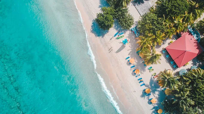 Turquoise water and white sandy beach with lush green palm trees in Grenada in the Caribbean