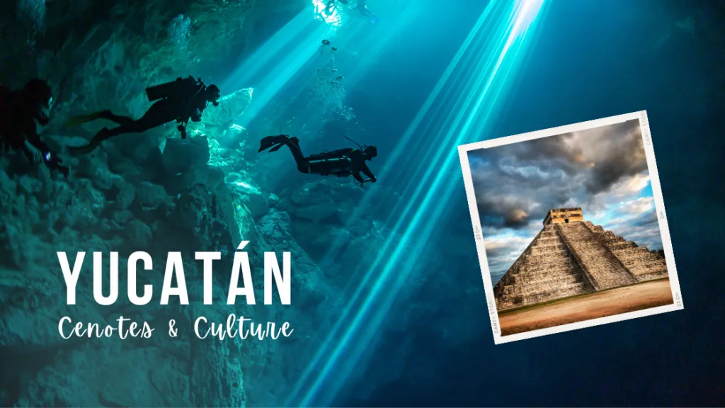Scuba divers explore crystal waters with bright sun rays in a Mexican cenote. Inset image shows the historical site of Chichen Itza.