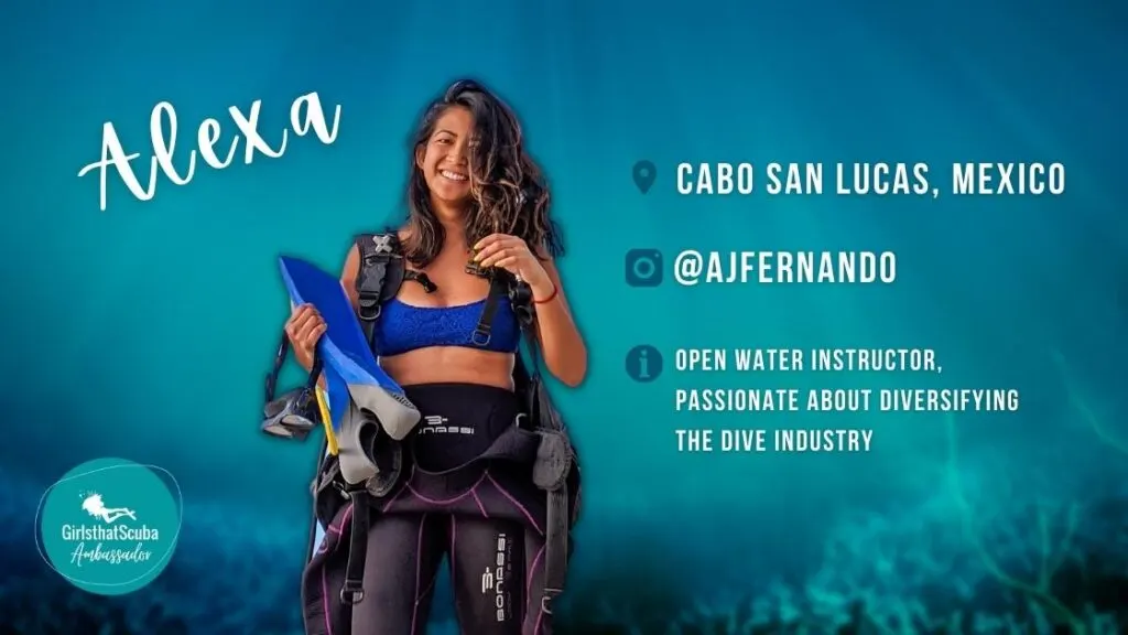 Alexa Fernando Girls that Scuba Ambassador standing smiling at camera, overlaid white text summarises her profile below