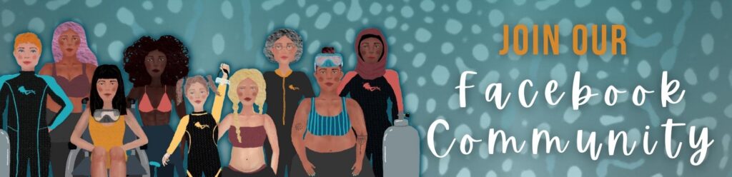 Illustration of a diverse group of women divers of all ages, races, abilities and more, over a faded whale shark print background. Overlaid text reads "Join our Facebook Community"
