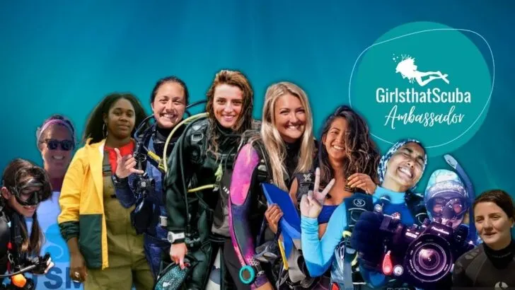 The 2021-22 Girls that Scuba Ambassadors against a blue underwater backdrop