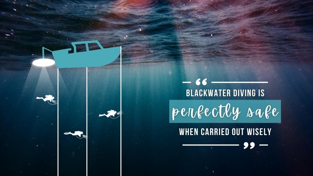 Icons show a diagram of blackwater diving over a background of underwater at night. Overlaid white text quotes article above.