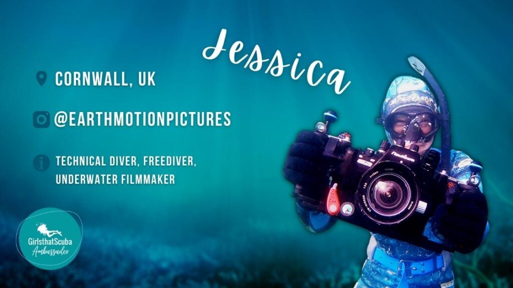 Jessica Mitchell Girls that Scuba Ambassador carries an underwater camera in freediving equipment, overlaid white text summarises her profile below