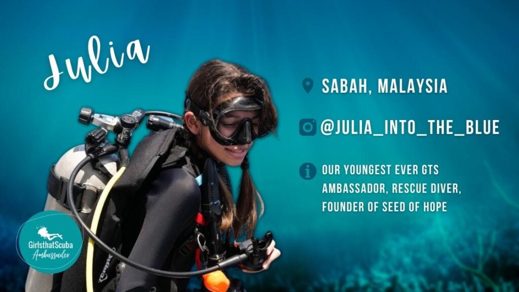 Julia Aveline Rabenjoro Girls that Scuba Ambassador wearing scuba equipment, overlaid white text summarises her profile below