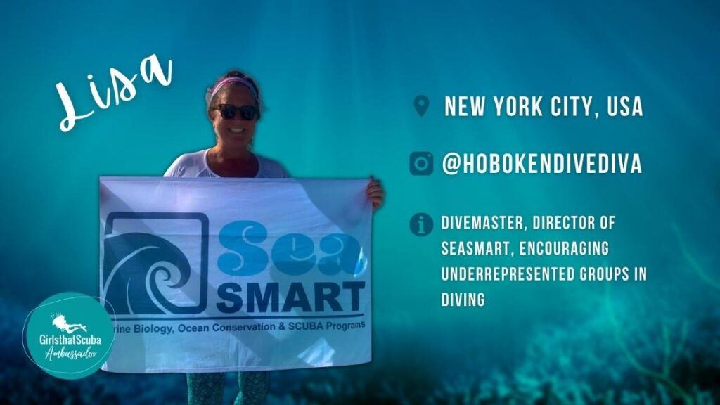 Lisa McIntyre Girls that Scuba Ambassador standing smiling at camera holding a flag for her charity SeaSmart, overlaid white text summarises her profile below