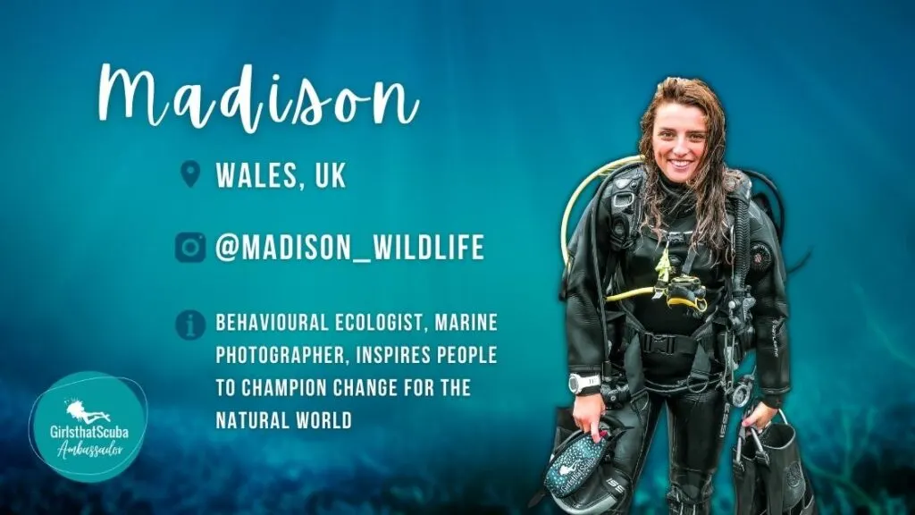 Madison Bowden-Parry Girls that Scuba Ambassador standing smiling at camera, overlaid white text summarises her profile below