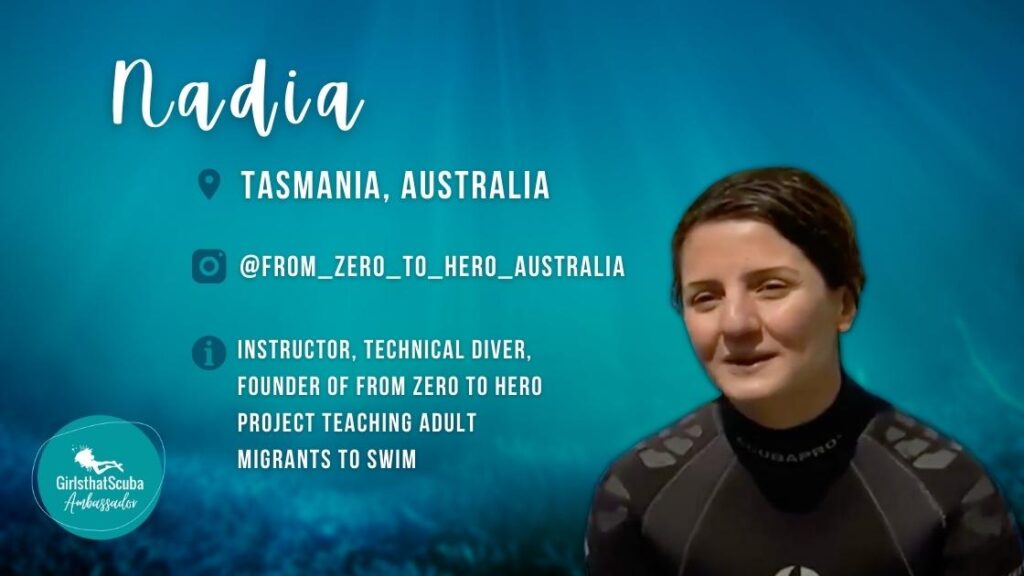 Nadia Azizabadi Girls that Scuba Ambassador talking to camera, overlaid white text summarises her profile below