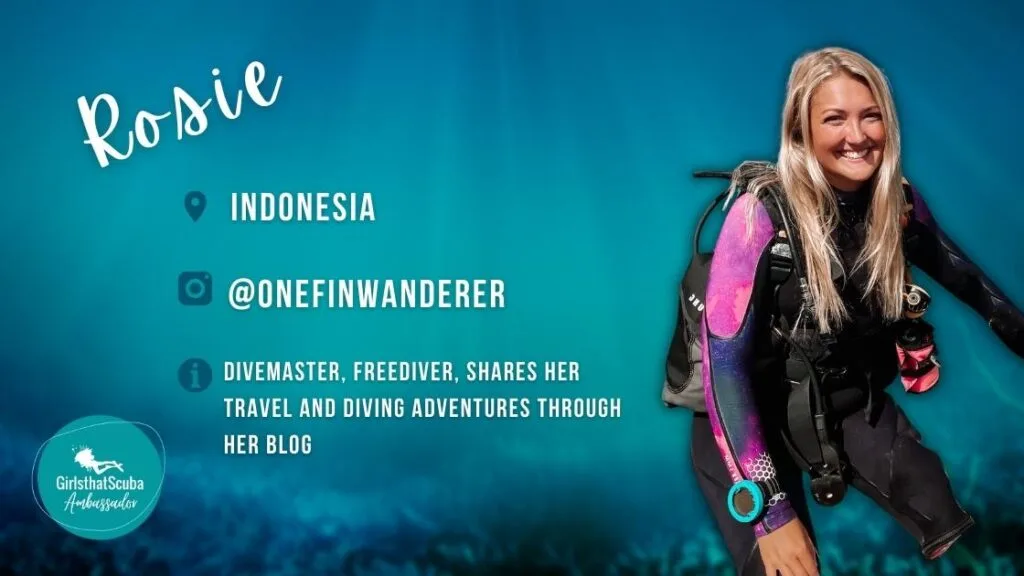 Rosie Bancroft Girls that Scuba Ambassador sitting smiling at camera, overlaid white text summarises her profile below