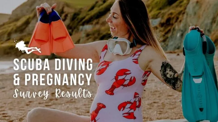 Girls that Scuba founder Sarah holds up two pairs of fins, an adult pair in her left hand and a children's pair in her right. She is smiling at the children's fins, wearing a pink swimsuit with lobster print, her baby bump is visible.