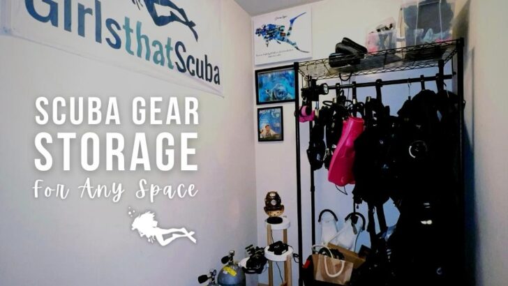 Small room for scuba gear storage, with railings, scuba cylinders, and display tables. Overlaid white text reads "Scuba Gear Storage For Any Space"